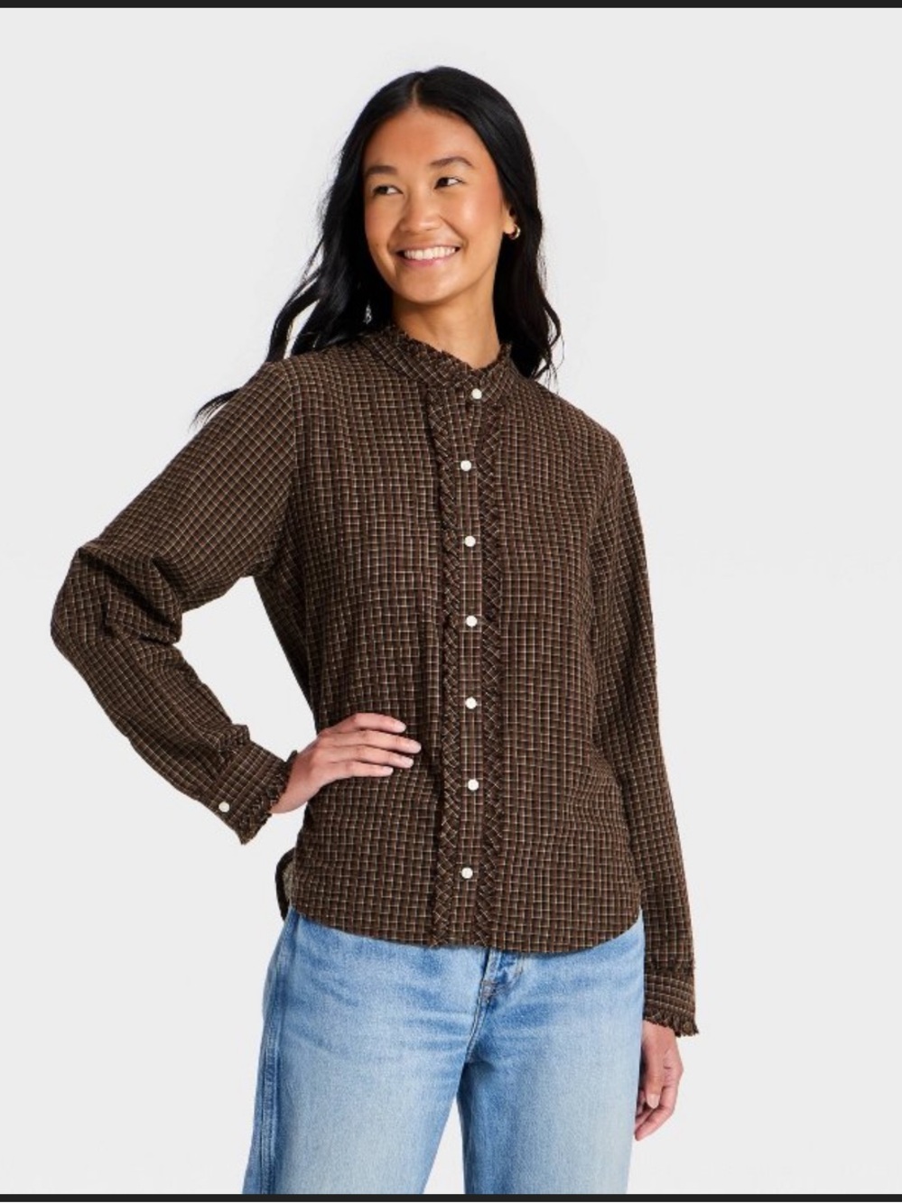 Universal Thread Ruffle Long-Sleeve Button-Up Ruff Collared Neck Blouse